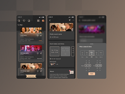 Soiree event planner dark mode app design ui ux