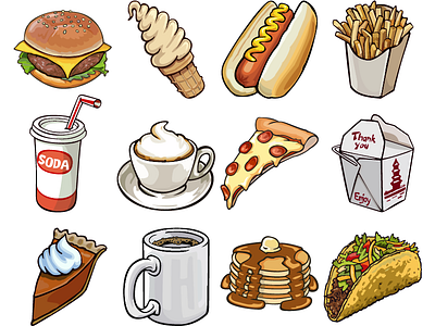 Fastfood cartoon coffee fastfood fries hamburger hotdog icon illustration outline pizza soda vector