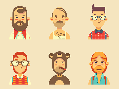Guys avatars bear character chuck norris flat hipster icons illustration people user vector