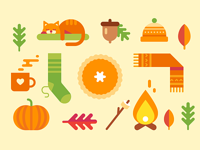 Autumn autumn cat fall fire flat icon illustration leafs pumpkin scarf sock thanksgiving