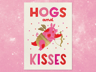 Hogs and Kisses cupid greeting card illustration lettering pig valentine