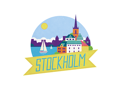 Stockholm boat building church city europe flag illustration scandinavia stockholm sun sweden
