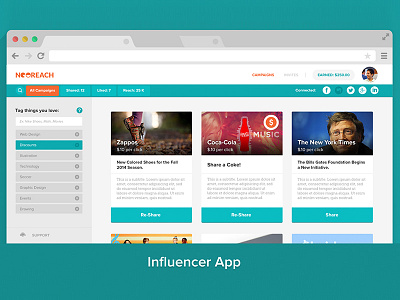 NeoReach Desktop Influencer App app campaigns colorful desktop flat influencer mockup neoreach tiles ui ux web