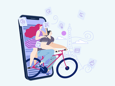 Hero illustration airplane bike brazil couple finance fintech fitmoney flat illustration hero honeymoon illustration iphonex landing page design love money paris parisian trip ui