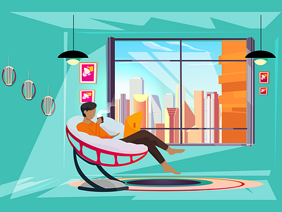 Productive and Cozy chilling coffee comfortable cozy development enjoying freelance illustration laptop productive programming relax stay home vector work