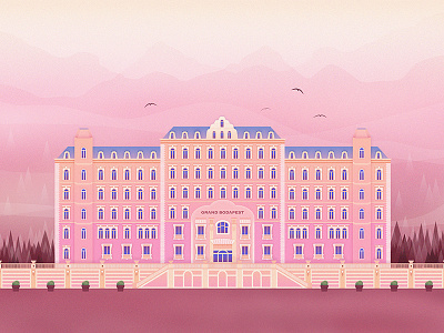 The Grand Budapest Hotel budapest building hotel illustration mountain movie pink the grand budapest hotel