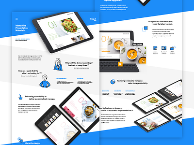 Project Showcase Design blue case study corporate design icons one page presentation scroll stripes tablet ui white