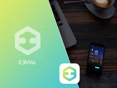 E3mal app icon blue e green grid ios logo middle east product branding social zayeem