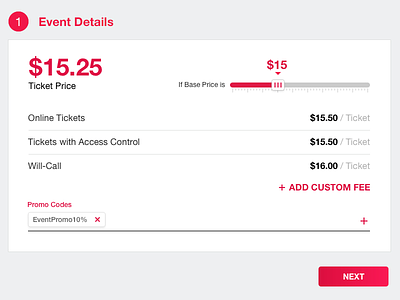 Ticket Pricing interface design pricing promo code slider ticket price