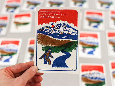 Mount Shasta Christmas Card bigfoot christmas gocco illustration mountain print sasquatch screenprint silkscreen ufo