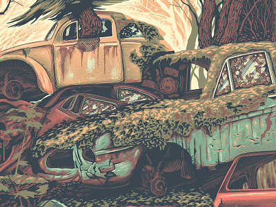 Car Graveyard WIP cars forest gigposter illustration old car poster screenprint texture trees
