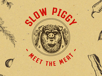 Slow Piggy branding design illustration logo meat minimal pig piggy symbol typography wordmark