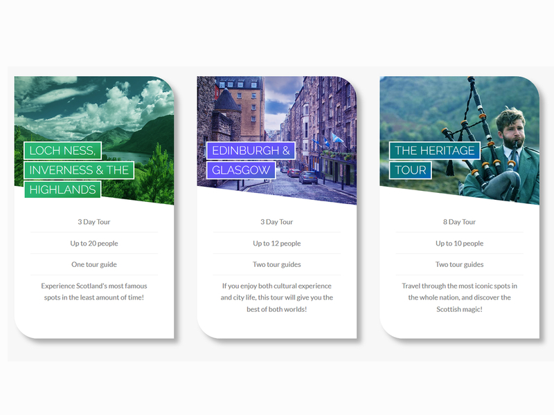 Scoti Tours - Colored Cards adobe xd adobe xd photoshop ui ux card design design elements development flat geometric design geometry gradient gradients ui ui design ui designs ux ux design ux designs web design web development website design