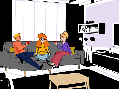 Friends at home black and white carpet character colorful colors conversation couple digital friends glasses happiness house illustration man people procreate sofa table tv women