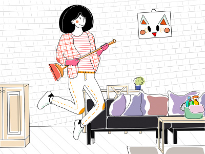 Cleaning it's not so bad 🧹 character clean clean design cleaning cleaning brush colors face happy home iluustration image jump lady lines minimal pattern plant sofa woman