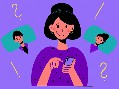Woman with a smartphone 2d art character character design clean colors contact conversation design exclamation mark face flat flat design illustration man minimal phone question mark style ui design women