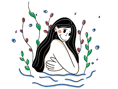 Lake girl character character design clean colors design design art face girl happy illustration illustration 2d lake minimal plants style style art summer ui design water woman