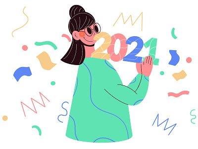 Happy New Year ❣️🍾🥂🥳 2021 character character design clean colors creativity design face flat flat design happy new year hello illustration minimal new year 2021 simple smile style ui design woman