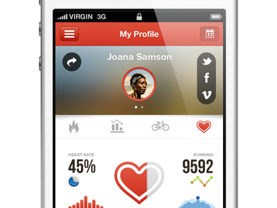 Statistic App Concept black blured calories graphs heart nike orange procent profile rate red statistic stats
