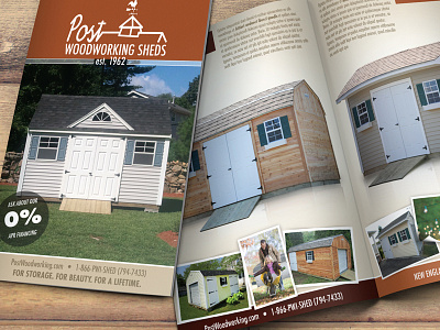 Brochure Design - Post Woodworking Sheds bifold brochure catalog clean outdoor product rendering rustic sheds showcase