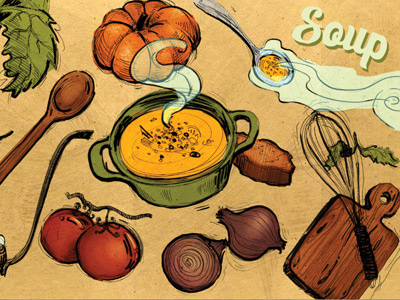 Soup art blueion carrots color design diagrams hearty illustration machines onions process pumpkin sketchbook soup steam vector warm web winter