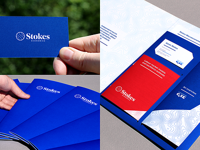 Stokes Economics - presentation pack bespoke blue custom design folder logo pattern pms presentation pack red topography