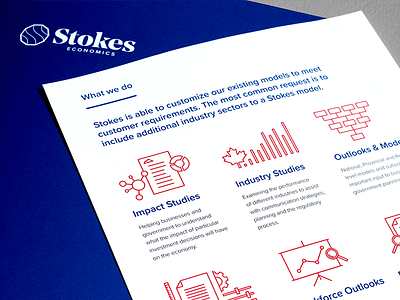 Stokes Economics - sell sheets bespoke blue custom design folder icons line logo pms presentation pack red stroke