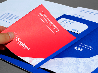 Stokes Economics - boolet, leaflet, cards and sheets bespoke blue booklet business cards custom design folder leaflet logo pms red wordmark