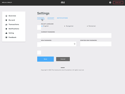 Settings screen for web app animation app clean design form interface ui ux