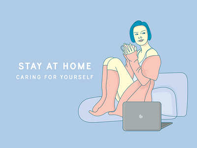 Stay at Home, caring for yourself artwork care computer covid 19 covid19 design drinking tea girl illustration art illustrator shutterstock startup stay at home stay safe take care vector