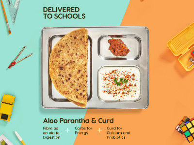 Aloo Parantha and Curd banner brand branding chapati curd deliver design fibre food healthy kid kids nutrition parantha paratha pickle school student toy vector