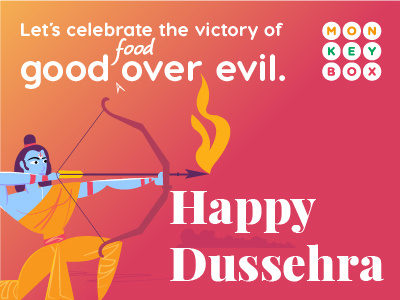 Happy Dussehra archer arrow bow box celebrate dussehra evil fire food good happy monkey monkeybox mythological orange ram red victory
