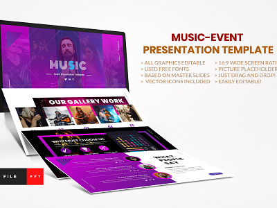Music - Event PowerPoint Template artistic audio band bass classical company presentations company profile composition concept concert course creative festival guitar layout design music organizer music planner