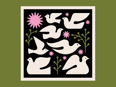 Doves Print illustration mid century screenprint