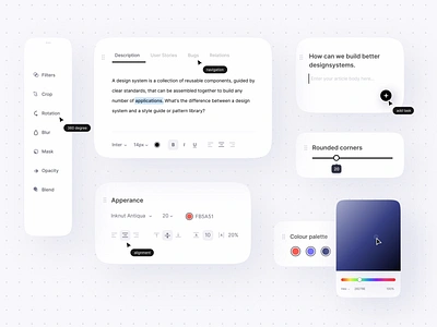 Editor UI elements app color colorpalette component design components designsystems drag editor interaction interface minimilist mobile navigation simple softui trends uielements uikits uiux web