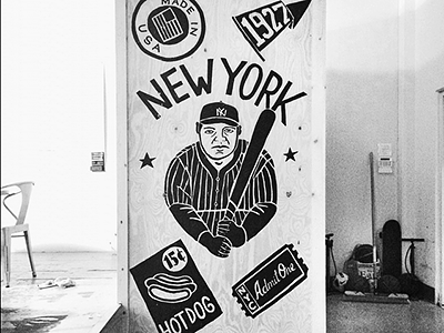 Babe Booth babe ruth baseball hand drawn hotdog ink mural new york nyc signs ticket usa