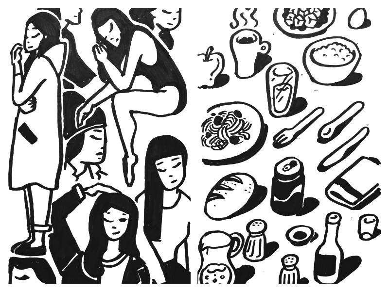 Girls & Food babe black and white drawing food girl icon illustration ink pose sketch tumblr