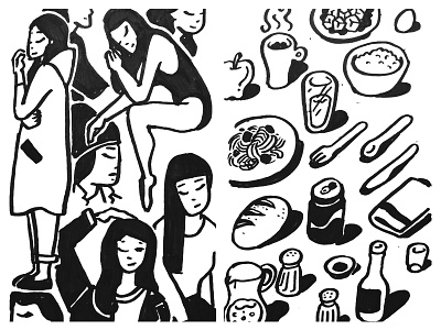 Girls & Food babe black and white drawing food girl icon illustration ink pose sketch tumblr