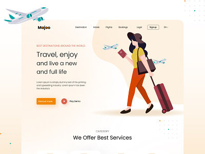 Majoo - Travel Landing Page ✈️ adventure agency booking app destination explore flight app homepage hotel app landing page travel agency travel app travel booking travel landing page travelling trip uiux vacation web design website