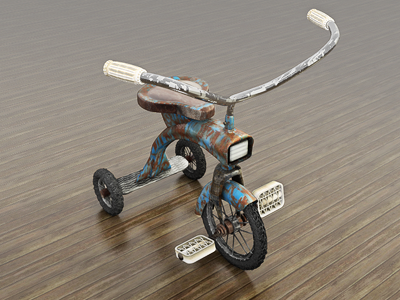 Tricycle texture rendering bike tricycle c4d cinema 4d 3d modeling vintage retro kid rust realistic toy pedal handlebar wheel transportation vehicle metal blue cinema4d tire