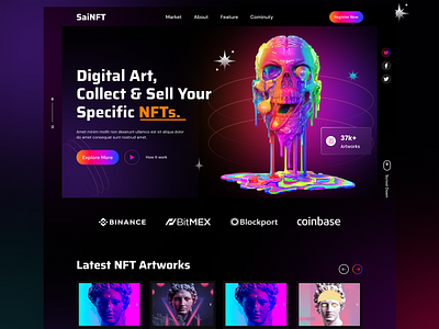 NFT Marketplace Website art bit coin blockchain card crypto cryptoart cryptocurrency dark digital art ethereum ico landing page metamask nft nft design nft landing token ui website wev design