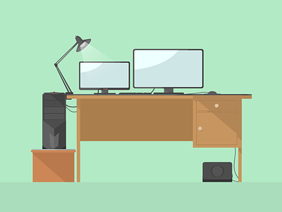 Simple workspace computers desks flat illustrations interior simple workspace