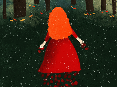 Walking trough the magic forest beauty calm forest girl magic nature orange hair petals red