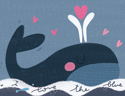 Blue whale blue calm fish funny hearts illustration kids kidsart love lovely nature ocean peace procreate sea water whale