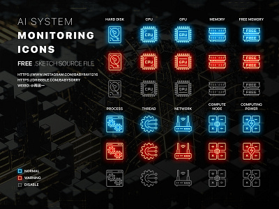 AI system monitoring icons - free sketch file black dark free free icon set icon icon set icons neon sketch system system icon