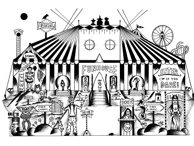 Horror "Circus" Funhouse black black and white circus concept creative creepy clowns freakshow funhouse hand drawn handmade harley quinn horror art illustration pennywise the gremlins