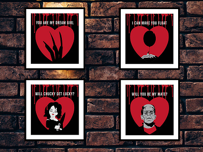 Valentine Horror Hearts bride of chucky design frankenstein horror art illustration it clown valentine day vector