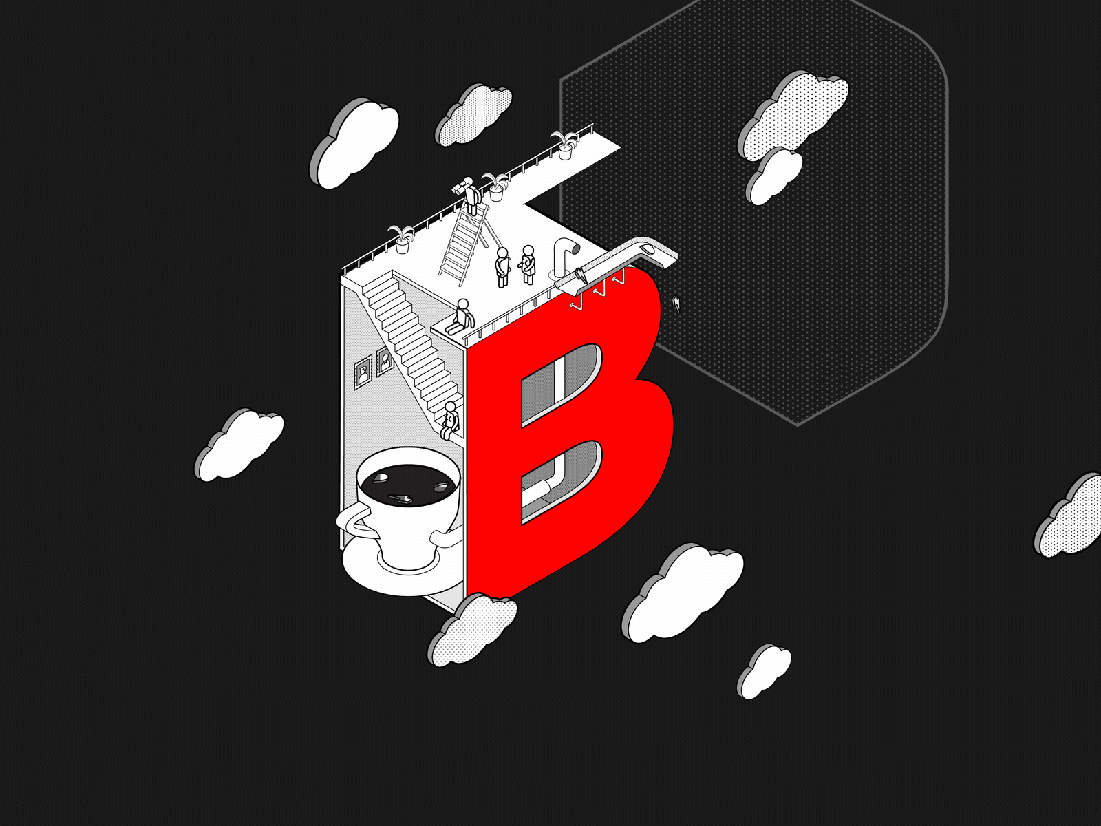 BBDO Wonderland | Second Letter B animation art clouds coffee cup design drawing illustraion isometry stairs typography vector
