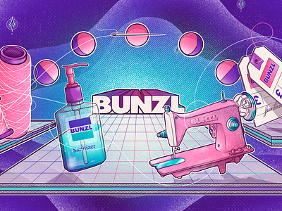 Bunzl artwork creative design drawing freetrade gradients hand sanitizer illustration invest investing linework pink procrete purple