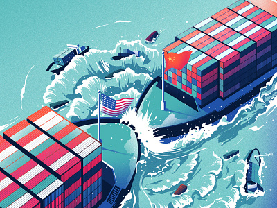 Trade Wars - i2i Art Inc. - ©Eric Chow american china conceptual editorial eric chow freight graphic i2i art illustration illustrator ocean political shipping trade war usa